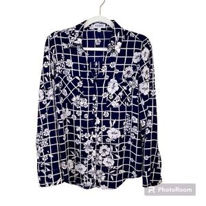 Express Portofino Shirt, Button Up , blue Floral Top, Roll Tab Sleeves, Size M
